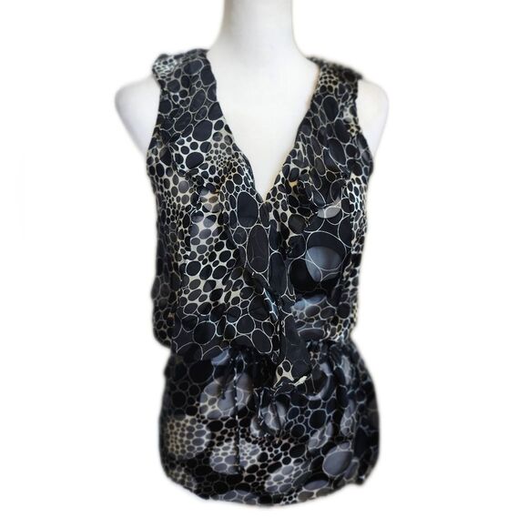 Tops - Black & Cream Circle Pattern Faux Wrap Silk Sleeveless Blouse, Peplum, M
